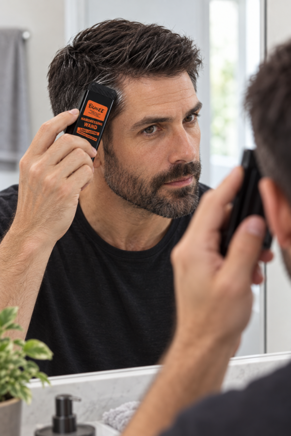 Europeisk man applicerar Bunee Hairdressing Wand vid tinningen