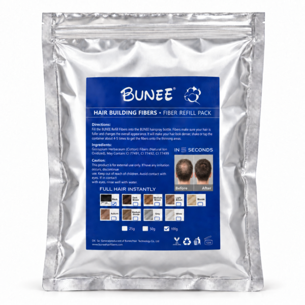 BUNEE Hårfiber REFILL 100 g med manlig före- och efterbild för mörkbrunt hår